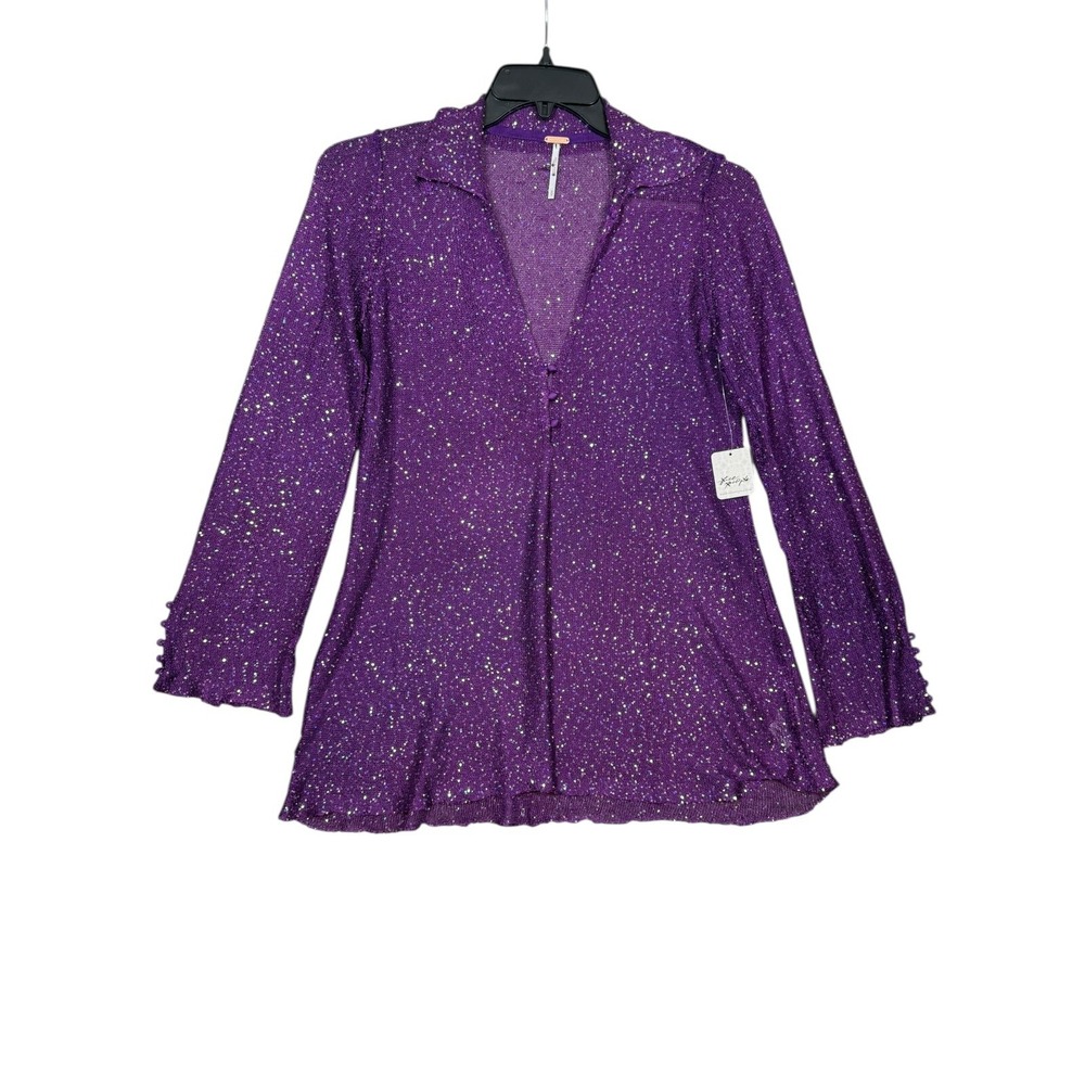 Free People Women's Purple Sequin Blouse Semi Sheer Long Sleeve Top Small FLAWS